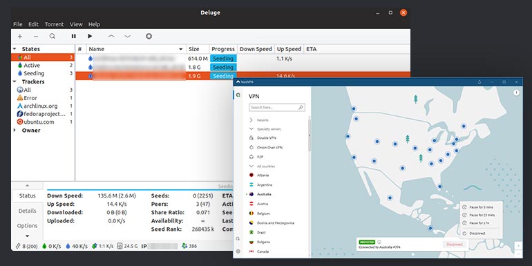 Быстрый NordVPN и тест скачивания торрент через Deluge
